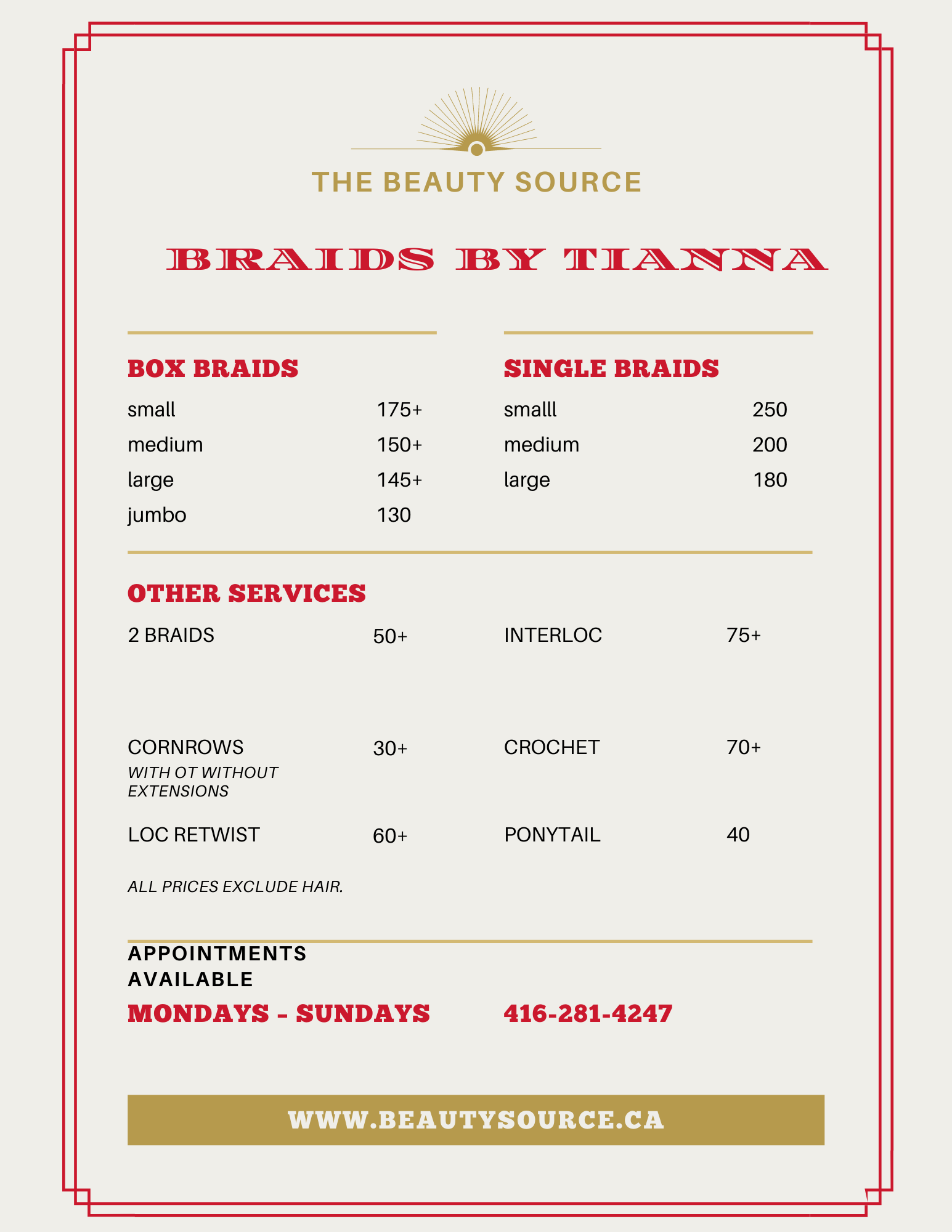 BRAIDING PRICE LIST